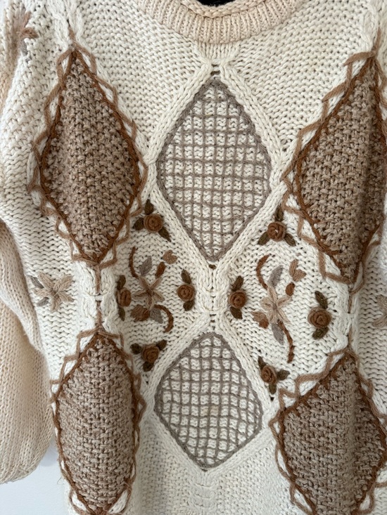 Vintage 90s Sz Lg Cottagecore Grandma Knit Chunky Neutral Sweater Patchwork Tan - Picture 6 of 16